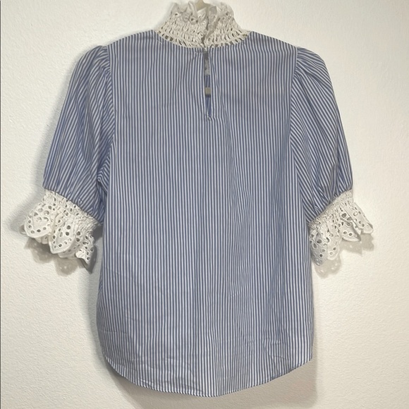 English Factory Blue & White Puff Sleeve Blouse with Lace Size S PTP 19” EUC - Picture 3 of 7
